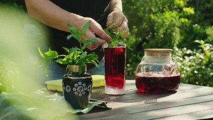 Wall Mural - Making summer drink. Woman adding mint leaves into glass with cold hibiscus tea.