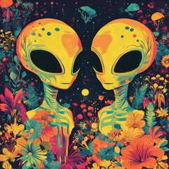 Vibrant surreal illustration of two aliens surrounded by colorful flowers, blending science fiction and nature in a psychedelic artistic style