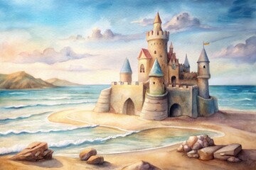 Serene beach scene with majestic castle built from sand, intricate moat and towers, ocean waves gently lapping at the shore in the background.