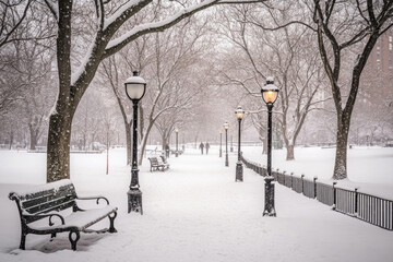 Wall Mural - A city park blanketed in snow with bare trees.