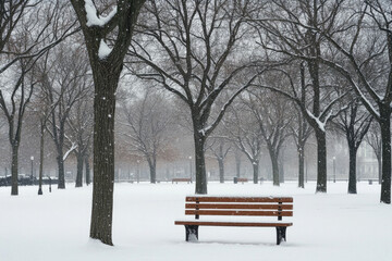 Wall Mural - A park bench covered in snow under bare winter trees.