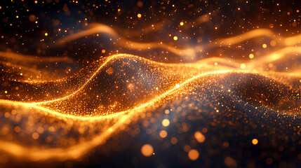 Luminous gold wavy line light line, golden wave lights , Golden stars dust trail sparkling particles isolated