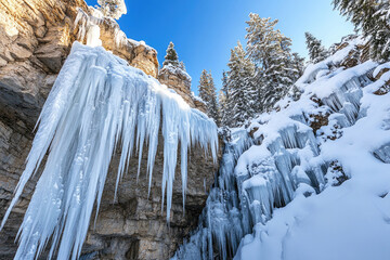 Wall Mural - A frozen waterfall in a snow-covered landscape.