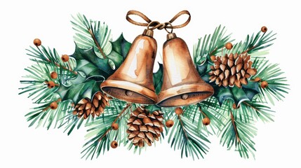 Sticker - A festive watercolor illustration of Christmas bells, adorned with snowberries, fir, and pinecones, perfect for holiday designs.