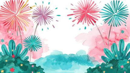 Poster - Vibrant handdrawn fireworks in watercolor style, perfect for festive celebrations and art lovers alike.