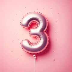 balloon in a shape of number three on pink background for birthday celebration