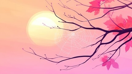 Wall Mural - A whimsical dawn scene featuring morning dew on a delicate cobweb, glistening in the soft rays of the sun.