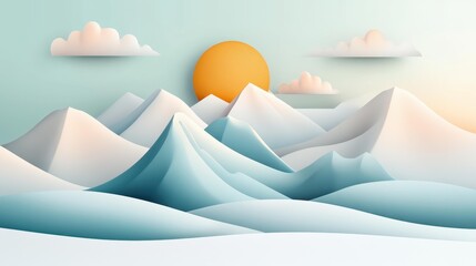 Wall Mural - Snowcapped mountains rise high, shrouded in clouds, showcasing a stunning golden peak in a playful illustration.