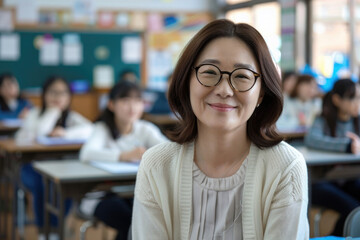 Wall Mural - A middle-aged female Korean teacher with glasses smiles at the camera in front of her students, wearing business casual