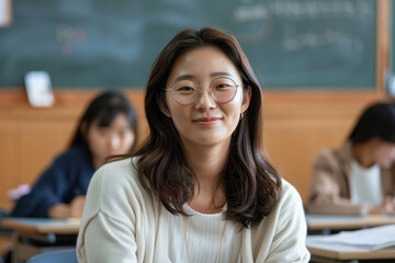 Poster - A middle-aged female Korean teacher with glasses smiles at the camera in front of her students, wearing business casual