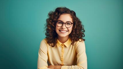 Wall Mural - portrait of a teacher and student looking very happy, one color background, copy-space with generative ai