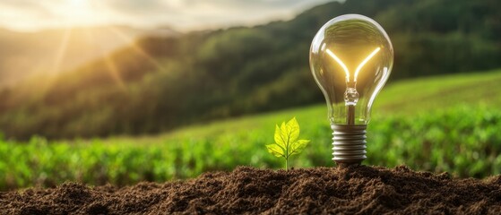 Light Bulb in Soil with Green Plant and Scenic Background Symbolizing Renewable Energy and Sustainability