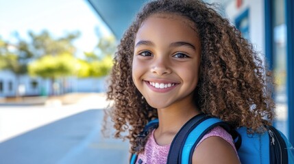 A young girl wearing a blue backpack and smiling directly at the camera