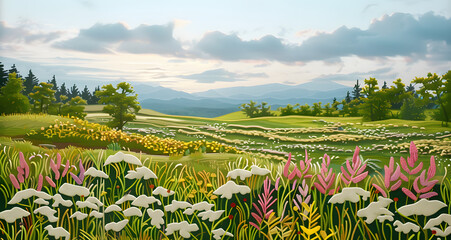 PNG Meadow landscape embroidery pattern art.