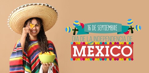 Canvas Print - Banner for Mexican Independence Day with happy African-American woman holding nachos on beige background