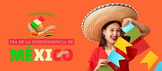 Wall Mural - Banner for Mexican Independence Day with happy woman in sombrero hat and with festive garland