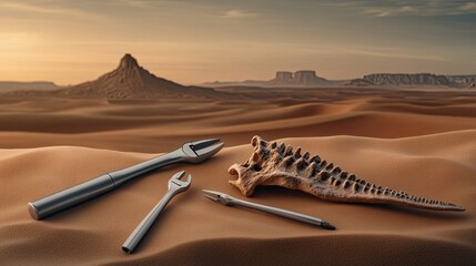 Wall Mural - close-up of a paleontologist's tools next to a discovered dinosaur bone, sandy desert background, em