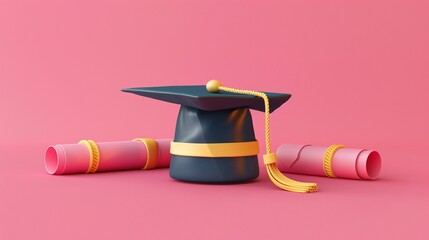 Graduation cap and diploma,3D render clay style, colorful, isolated on pure solid background