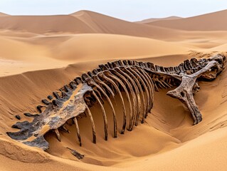 Wall Mural - close-up of a dinosaur ribcage fossil partially exposed in sand, desert backdrop, clear space for co