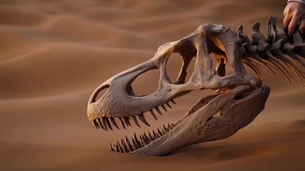 Wall Mural - semi close-up of a dinosaur skull being unearthed by researchers, sandy desert background, empty spa