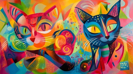 Wall Mural - Psychedelic cat and dog in a colorful kaleidoscope of patterns