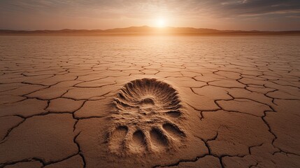 Wall Mural - close-up of a fossilized dinosaur footprint in a dry riverbed, desert backdrop, empty space for copy