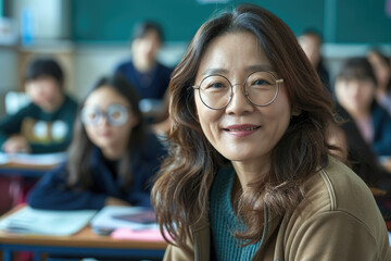 Poster - A middle-aged female Korean teacher with glasses smiles at the camera in front of her students, wearing business casual