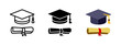 © Chelpanoff - Graduation hat with diploma icon set. Student hat with academic degree certificate vector illustration. College, school and university graduation ceremony concept.