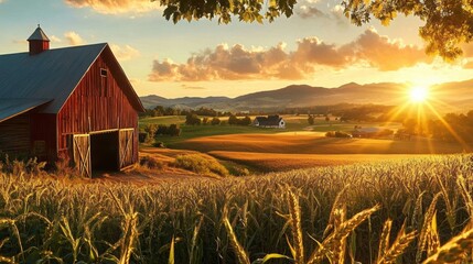 Golden Hour Sunset Over Farm Fields.