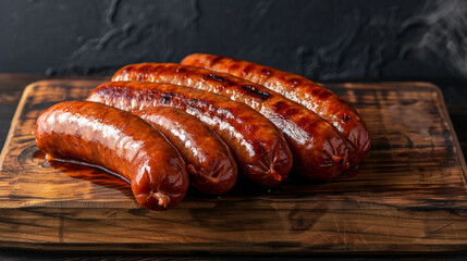 Five juicy sausages with a delicious crust, still steaming after being grilled, resting on a wooden cutting board