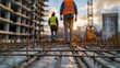 © HuynhThiThuy - A detailed close-up of construction workers connecting scaffolding pipes and securing them in place. The background shows the partially constructed building,