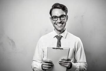 Canvas Print - smiling young teacher with pen and tablet for notes, one color background and copy space with generative ai