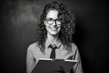 Canvas Print - smiling young teacher with pen and tablet for notes, one color background and copy space with generative ai