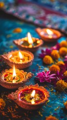 Wall Mural - Concept of Diwali festival of lights tradition Diya oil lamps. Diwali festival holiday concept 