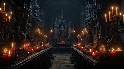 Wall Mural - An old gothic vampire Transylvanian castle of Dracula, lined with victorian furnishings and coffins, is illuminated by candlesticks to create a spooky horror game setting. 3D illustration  