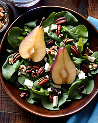 Wall Mural - A gourmet roasted pear and gorgonzola salad with mixed greens, cranberries, pecans, and a red wine vinaigrette