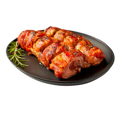 Wall Mural - Roasted pig in a plate isolated on a white or transparent background. Roasted Spanish pig in a black plate. Traditional Spanish dish. Side view.