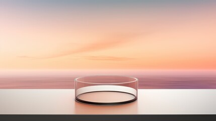 Wall Mural - Glass Cylinder on a Table with a Blurred Sunset Background