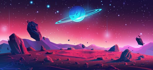 A cartoon style game background of an alien planet with large rock formations and blue glowing lines on the ground. 