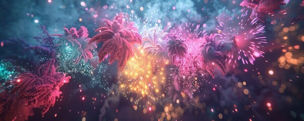 Wall Mural - Colorful fireworks exploding in the night sky, 4K hyperrealistic photo