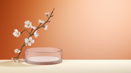 Poster - Cherry Blossom Branch with Glass Bowl on a Light Background