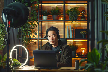 Focused Asian man working late at home office surrounded by plants and warm lighting, portraying modern remote work environments.