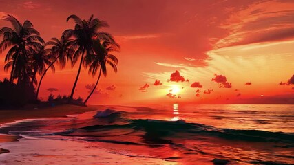 Wall Mural - Vibrant tropical beach sunset with golden ocean waves and palm trees