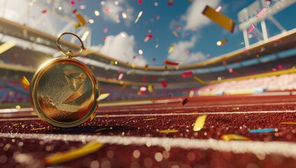 A gold medal on the track and field stands in front of an open stadium with red tracks, with confetti flying around it. 