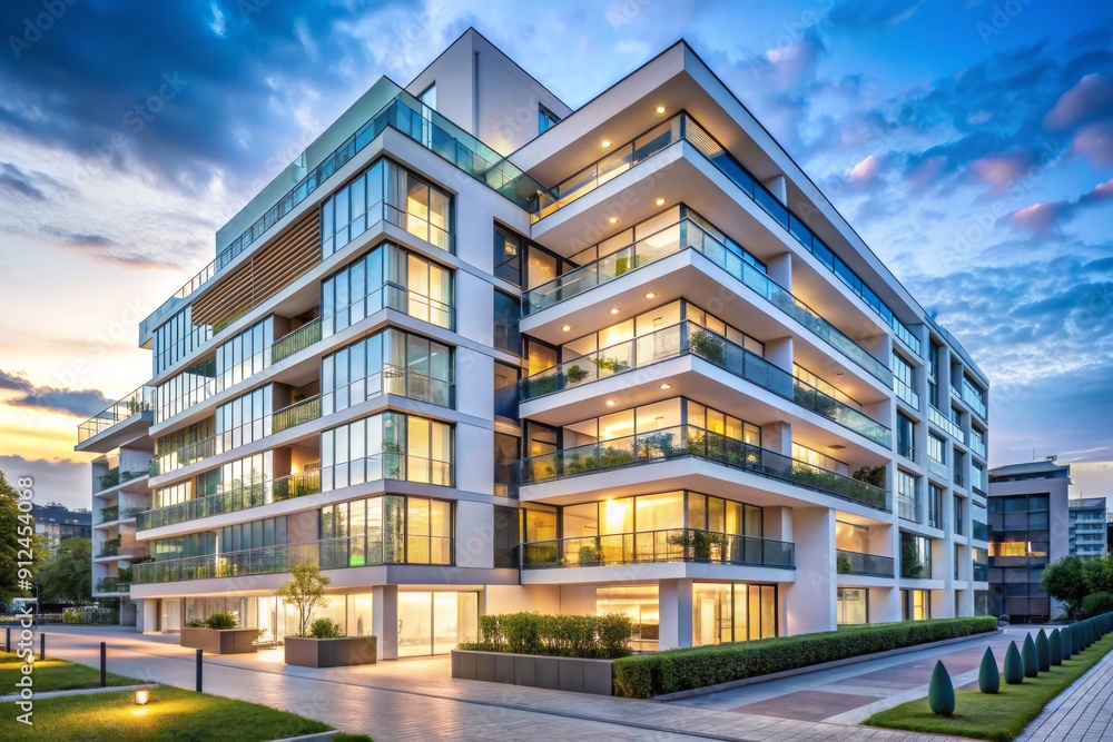 Sleek modern white apartment building with glass facade and ...