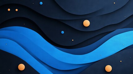 Wall Mural - Abstract Wave Patterns With Blue and Orange Spheres on Dark Background