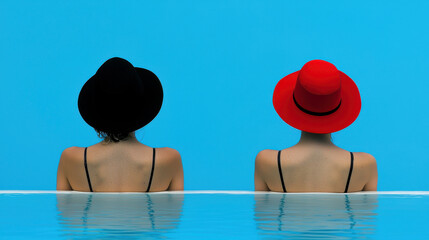 Wall Mural - Two Women Swimming in Pool With Vibrant Hats