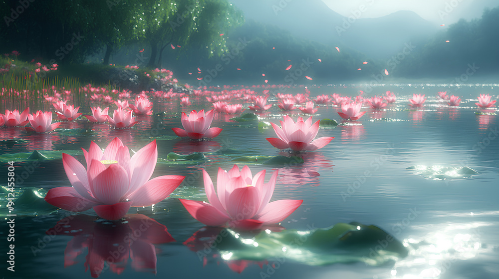 lake view with lotus flowers