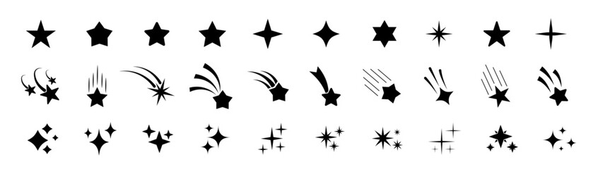 stars icon collection. different star shapes. black stars icon set. sparkle star icon set. falling s