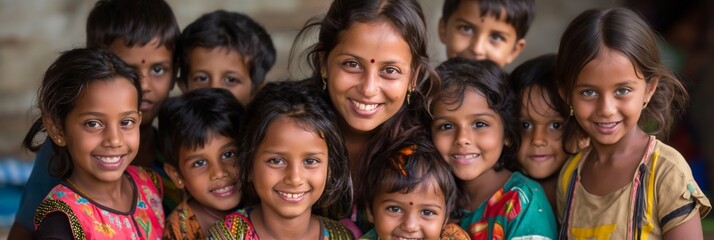 A group of children are smiling and posing for a picture. The woman in the center is smiling and looking at the camera. The children are all dressed in colorful clothing